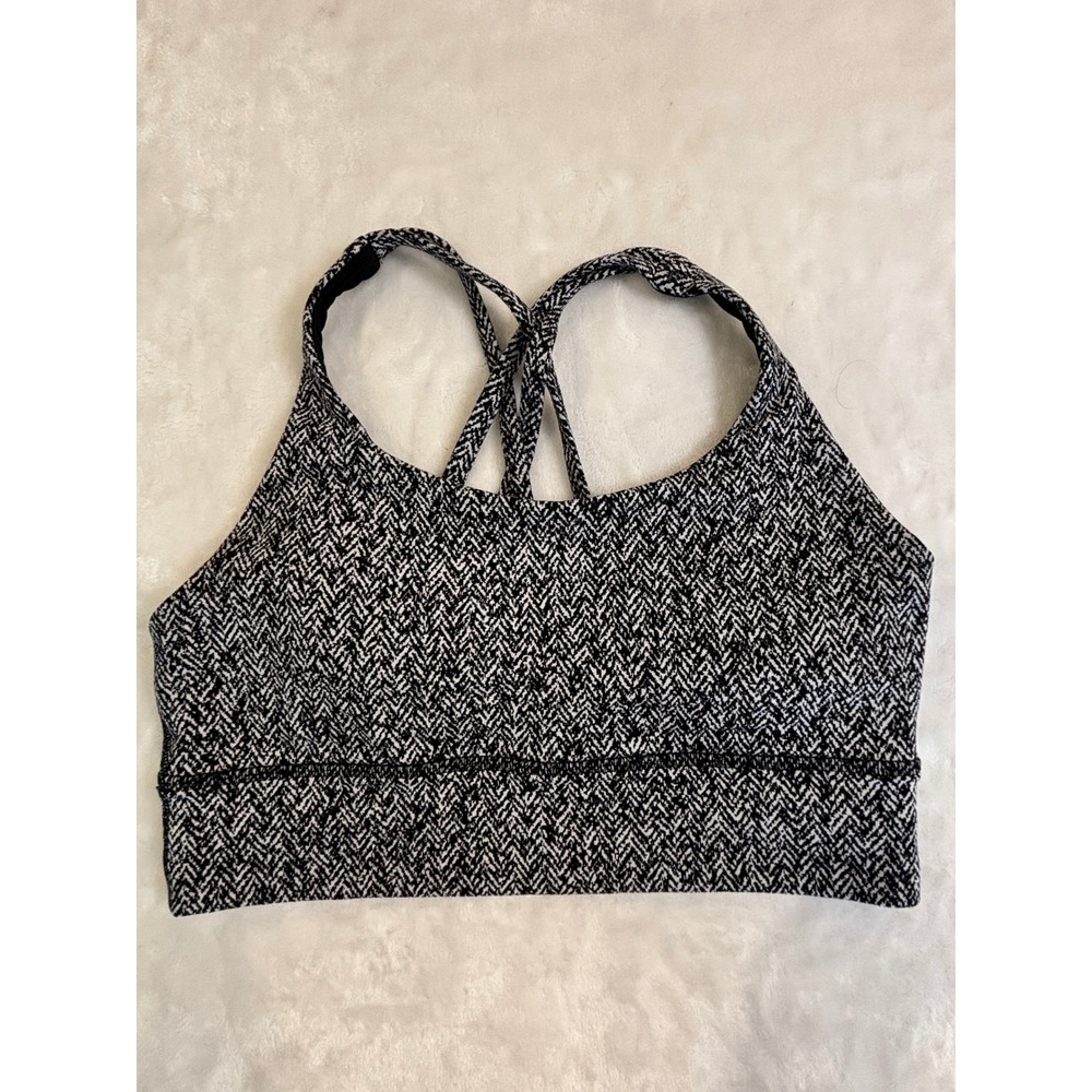 Lululemon Energy Bra‎ Longline Herringbone Black White Strappy Sports Bra